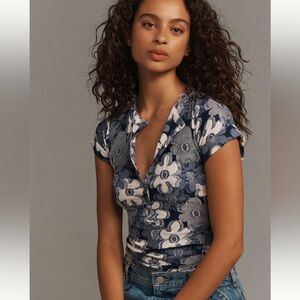 Pilcro Navy and White Floral Blouse